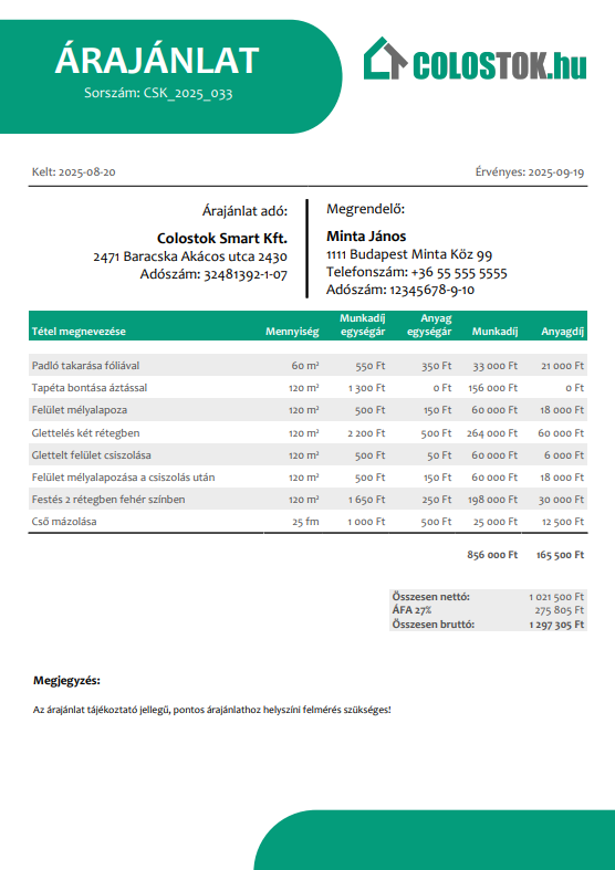 Profi árajánlat sablon - Colostok.hu